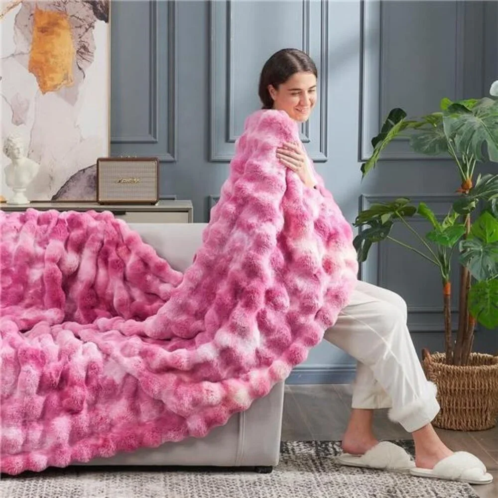 Faux Fur Throw Blanket Cozy Soft Plush Bubble Tie Dye Blanket Couch Sofa Bedroom